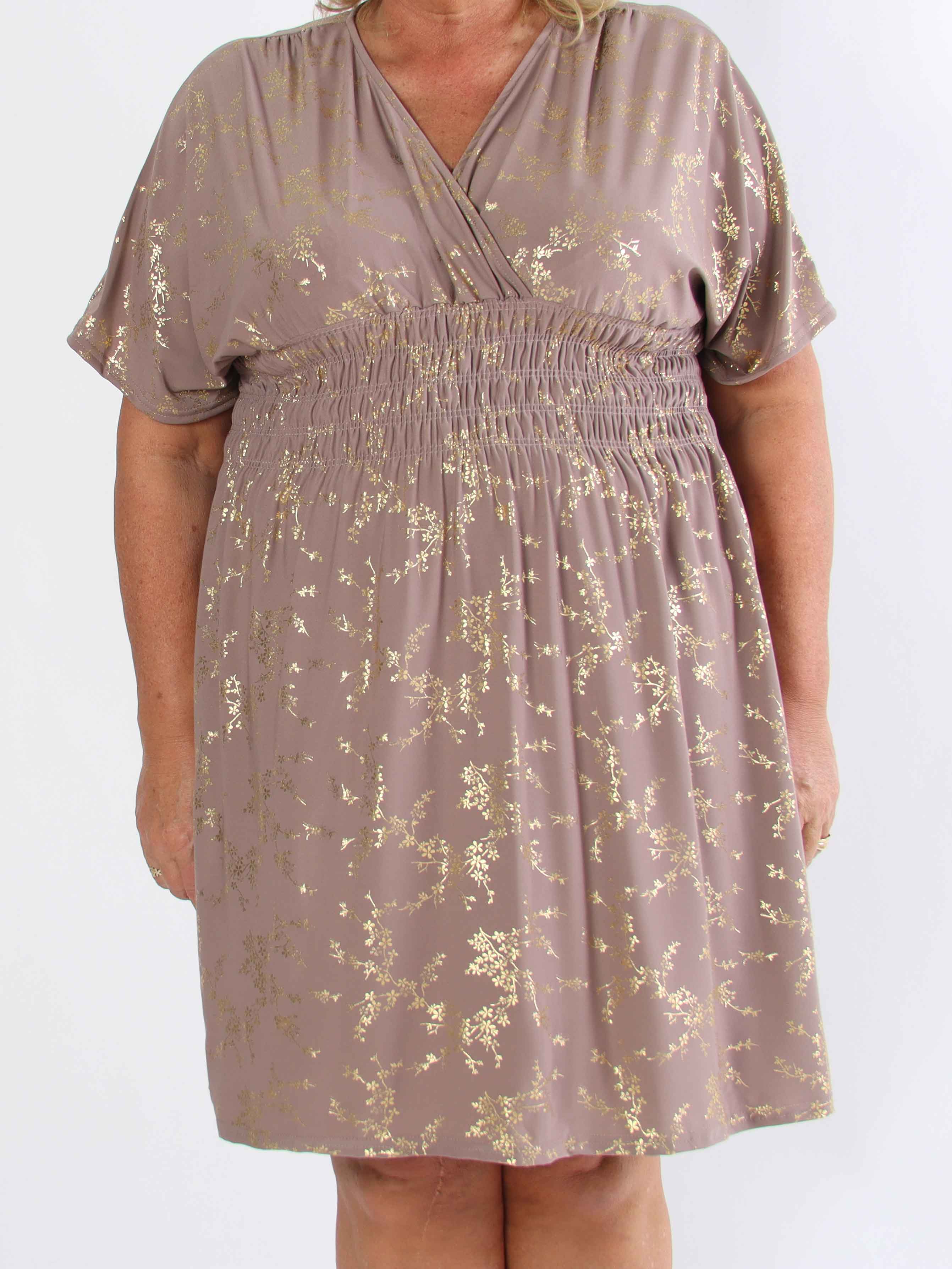 Pams Gold Short - Elastisk plus size kjole detaljeret med guld blomster